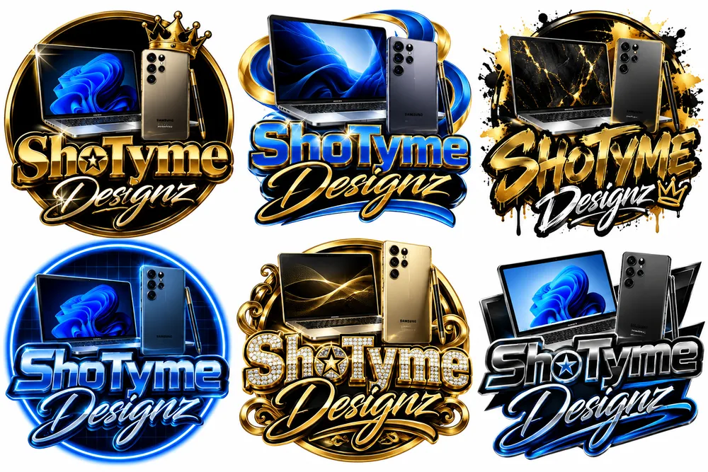 Collection of ShoTyme Designz logo variations in different visual styles