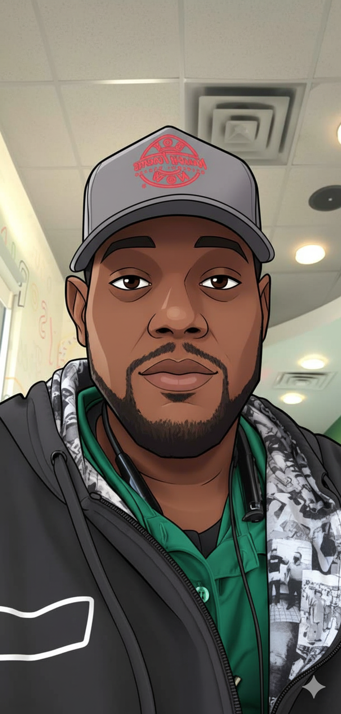 Cartoon-style portrait of the designer