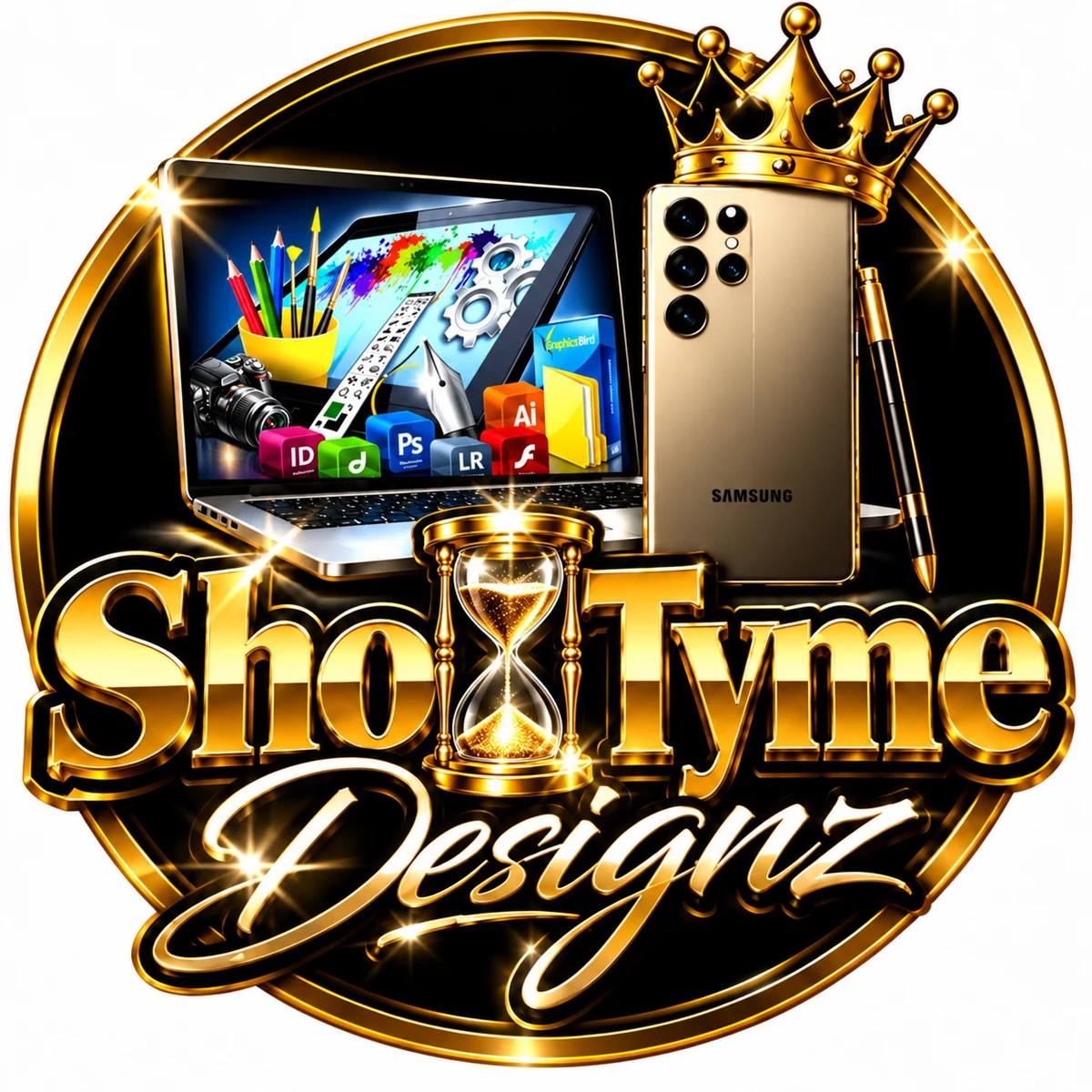 ShoTyme Designz luxury black, chrome, and gold emblem with laptop, Samsung phone, and hourglass
